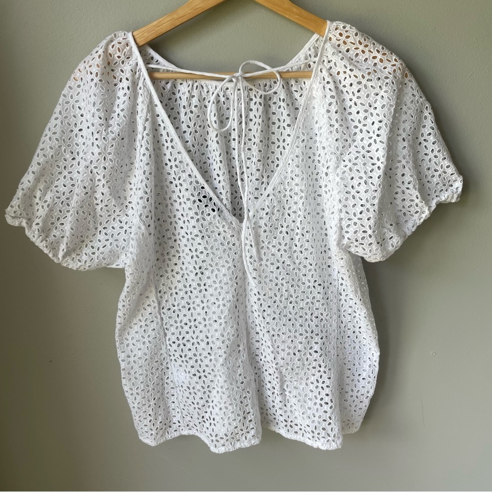J. Crew V-Back Puff-Sleeve Eyelet Top - White - Size 14 Womens EUC - Picture 6 of 15